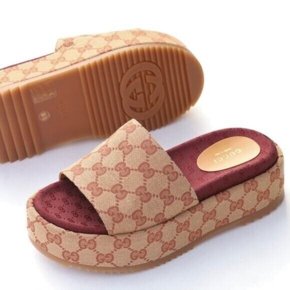 Gucci Beige and Burgundy Platform Slides - Picture 1 of 12